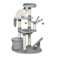 PawHut Árbol Rascador para Gatos Grande 80x55x122 cm con Hamaca Plataformas Juguetes Colgantes de felpa Suave y Postes para Rascar de Sisal Natural Gris(m-1)