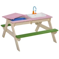 Outsunny Juego de Mesa y 2 Bancos para Niños Mesa de Picnic Infantil de Madera con Arenero o Piscina Fregadero y 14 Juguetes de Cocina para Jardín Exterior 94x89x50,5 cm Multicolor(m-1)