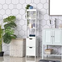 kleankin Armario Alto de Baño Multiusos Mueble Columna 3 Estantes Abiertos y 2 Cajones de Almacenaje Diseño Antivuelco 30x30x144 cm Blanco