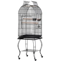 PawHut Jaula para Pájaros con Soporte y Ruedas Jaula Grande de Metal con Bandeja Extraíble 4 Puertas y 2 Comederos para Loros Guacamayos 53x53x153 cm Negro(m-1)