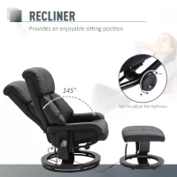 HOMCOM Massage Recliner Armchair, w/ Footstool, Leather, 145° Reclining, 360° Swivel, 10-point Massage, Black(m-5)