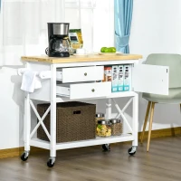 HOMCOM keukenwagen vrijstaande stelling rolbaar serveerwagen keukentrolley met lade kast plank aan de onderkant handdoekhouder voor keuken woonkamer eetkamer rubberboomhout MDF wit + naturel 108 x 45 x 89 cm(m-4)