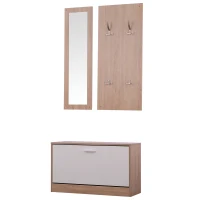 HOMCOM® 3-ELEMENTOWY ZESTAW DO PRZEDPOKOJU GARDEROBY SZAFKA NA BUTY WIESZAK NA UBRANIA LUSTRO ŚCIENNE 4 HAKI naturalny 30 x 100 cm(m-1)