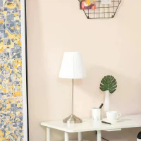 HOMCOM Modern Table Lamp with Pleated Fabric Lampshade, Home Lighting with Metal Base for Living Room, Bedroom, Office, White & Silver(m-11)