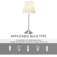 HOMCOM Modern Table Lamp with Pleated Fabric Lampshade, Home Lighting with Metal Base for Living Room, Bedroom, Office, White & Silver(m-7)