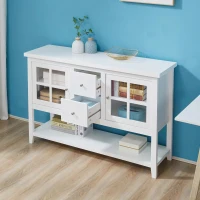 HOMCOM keukenkast dressoir opbergkast elegant met twee glazen deuren open rek twee schuifladen anti-kantel-design voor eetkamer woonkamer MDF grenen hout wit 132 x 38 x 89 cm(m-4)