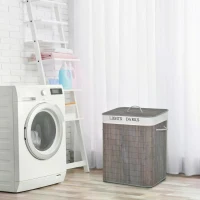 HOMCOM 100L Bamboo Laundry Basket 2 Compartment Flip Lid Removable Lining Handles, Grey(m-10)