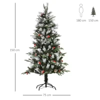 HOMCOM 5ft Artificial Snow Christmas Tree, Xmas Pencil Tree with Foldable Feet Red Berries, White Pinecones, Holiday Home Party Decoration(m-3)