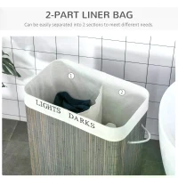 HOMCOM 100L Bamboo Laundry Basket 2 Compartment Flip Lid Removable Lining Handles, Grey(m-5)