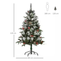 HOMCOM 4FT Artificial Snow Dipped Christmas Tree Xmas Pencil Tree Holiday Home Party Decoration with Foldable Feet Red Berries White Pinecones, Green(m-3)