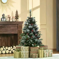 HOMCOM 4FT Artificial Snow Dipped Christmas Tree Xmas Pencil Tree Holiday Home Party Decoration with Foldable Feet Red Berries White Pinecones, Green(m-10)