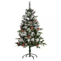 HOMCOM 4FT Artificial Snow Dipped Christmas Tree Xmas Pencil Tree Holiday Home Party Decoration with Foldable Feet Red Berries White Pinecones, Green(m-11)