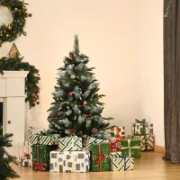 HOMCOM 4FT Artificial Snow Dipped Christmas Tree Xmas Pencil Tree Holiday Home Party Decoration with Foldable Feet Red Berries White Pinecones, Green(m-2)