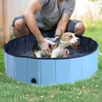 PawHut Foldable Dog Paddling Pool Pet Cat Swimming Pool Indoor/Outdoor Collapsible Summer Bathing Tub Shower Tub Puppy Washer (Φ100 x 30H cm, Blue)(m-10)