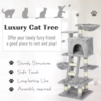 PawHut 125cm Plush Cat Tree Activity Center Sisal Rope Scratching Posts Hanging Ball Basket Perch Condo Grey(m-7)