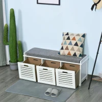 HOMCOM Upholstered Shoe Changing Bench Stool Living Room Organizer Linen Fabric Cushioned Seat Home Entryway Furniture with 3 drawer(m-9)