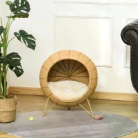 PawHut Wicker Cat Bed Elevated Rattan Kitten Basket Pet Den. House Cozy Cave with Soft Cushion D52 x 58cm Light Brown(m-8)