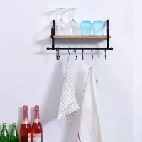 HOMCOM 21x48cm On-Wall Shelf & Rail 8 Hook Unit Metal Frame Wood Board Storage Display Organisation Home Bedroom Hallway Furniture Water-Resistant Natural Finish(m-2)