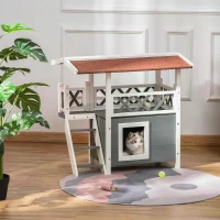 PawHut Wooden Cat House Outdoor Luxury Room Weatherproof Shelter White(m-2)