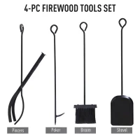 Outsunny Firewood Stand Log Rack Holder 84cm with 4-PC Fireplace Tools Set, Indoor Outdoor, Metal, Black(m-4)