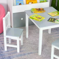 HOMCOM 4-Piece Kids Table and Chair Set with 2 Wooden Chairs, 1 Storage Bench, and Interesting Modern Design, Grey/White(m-7)