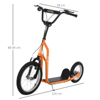 HOMCOM Youth Scooter Front and Rear Caliper Dual Brakes 16-Inch Inflatable Front Wheel Ride On Toy For Age 5+ Orange(m-3)