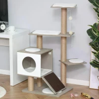 PawHut Cat tree Tower Climbing Activity Center Kitten Furniture with Jute Scratching Post Condo Ramp Perch Cushions Velcro Dangling Balls 60 x 48 x 122 cm Light Grey(m-2)