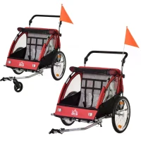 HOMCOM Child Bike Trailer 2 In1 Foldable Baby Stroller 2-Seater Transport Carrier with Adjustable Handlebar Storage Bag Reflector Flag 160L x 84W x 106H cm Red(m-4)