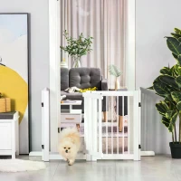PawHut Freestanding Pet Gate 4 Panel Wooden Dog Barrier Folding Safety Fence with Support Feet Walkthrough Door up to 204cm Wide 75cm Tall for Doorway Stairs White(m-2)