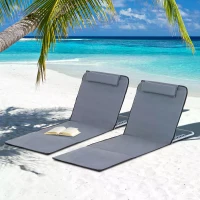 Outsunny 2 Pieces Outdoor Lounger Beach Mat Patio Steel Reclining Chair Set w/ Pillow Sunbath Grey(m-4)