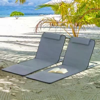 Outsunny 2 Pieces Outdoor Lounger Beach Mat Patio Steel Reclining Chair Set w/ Pillow Sunbath Grey(m-2)