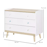 HOMCOM Kids Chest of Drawers Wardrobe Storage Tower Organizer Closet with Solid Wood Handles Anti-toppling Device for Bedroom 90 x 40 x 75.2cm White(m-3)