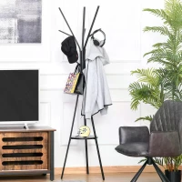 HOMCOM 180cm Free Standing Metal Coat Rack Stand 9 Hooks Clothes Tree with 1 Shelf Hat Display Hall Tree Hanger Bag Umbrella Hanging Organiser for Hallway Bedroom Waiting Room Living Room (Black)(m-10)