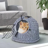 PawHut Wicker Pet Carrier Basket Cat Kitten Bed Portable Travel Cage  w/ Soft Cushion Handle  Grey 50 x 40 x 40 cm(m-10)