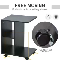 HOMCOM C-Shape End Table Unique Storage Unit w/ 2 Shelves 4 Wheels Freestanding Home Furniture Cabinet Square Black(m-5)