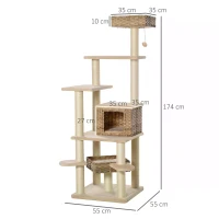 PawHut Cat tree Tower 174cm Climbing Activity Center Kitten with Sisal Scratching Post Condo Perch Hanging Balls Toy Cushion PE Rattan(m-3)