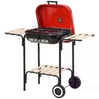 Outsunny Charcoal Trolley BBQ Barbecue Grill Patio Camping Picnic Garden Party Outdoor Cooking with Lid Wheels Side Trays and Storage Shelf(m-11)