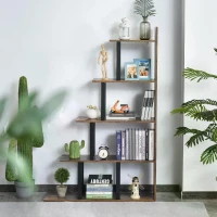 HOMCOM Industrial Style Wooden 5-Tier Ladder Bookcase Indoor Corner Shelf  for Livingroom, Office - Rusty Brown(m-2)