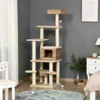 PawHut Cat tree Tower 174cm Climbing Activity Center Kitten with Sisal Scratching Post Condo Perch Hanging Balls Toy Cushion PE Rattan(m-2)