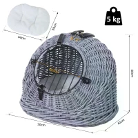 PawHut Wicker Pet Carrier Basket Cat Kitten Bed Portable Travel Cage  w/ Soft Cushion Handle  Grey 50 x 40 x 40 cm(m-3)