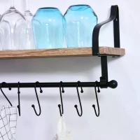 HOMCOM 21x48cm On-Wall Shelf & Rail 8 Hook Unit Metal Frame Wood Board Storage Display Organisation Home Bedroom Hallway Furniture Water-Resistant Natural Finish(m-8)