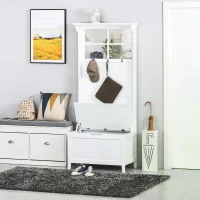 HOMCOM Coat Rack Shoe Bench with Storage 4 In 1 Hall Tree for Entryway Hallway Organizer with Cabinet 3 Hooks Mirrors White(m-10)