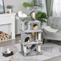PawHut 145cm Cat Tree Multi-tier Activity Center Scratcher Pet Condo House Tower Hammock & Toys, Grey(m-9)