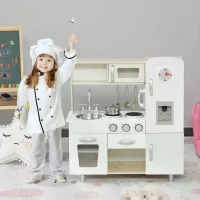 HOMCOM Kids Wooden Pretend Play Toy Kitchen Cooking Set Role Play Phone for Boys Girls White(m-2)