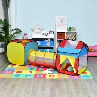 HOMCOM 3 in 1 Pop Up House Tent Play Tunnel Set Toddlers Crawl Tunnel Kids Playhouse Indoor Outdoor Garden Use Multicolor 230 x 70 x 89 cm(m-2)