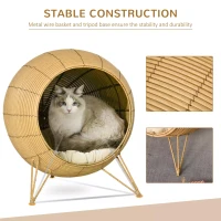 PawHut Wicker Cat Bed Elevated Rattan Kitten Basket Pet Den. House Cozy Cave with Soft Cushion D52 x 58cm Light Brown(m-4)