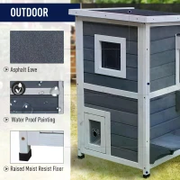 PawHut Wooden Cat House 2-Floor Outdoor Kitten Shelter with Window Grey(m-5)