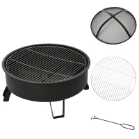 Outsunny 2-in-1 Outdoor Fire Pit with Cooking Grate Steel BBQ Grill Firepit Bowl with Spark Screen Cover, Fire Poker for Backyard Bonfire Patio(m-4)