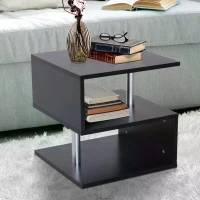 HOMCOM Modern Square 2 Tier S Shape Wood Coffee Table Storage Shelf Living Room Side Rack-Black(m-2)