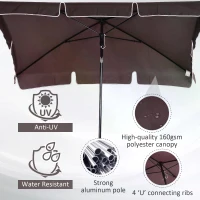 Outsunny Aluminium Sun Umbrella Parasol Patio Garden Rectangular Tilt 2M x 1.25M Brown(m-6)